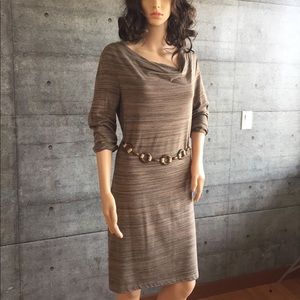 Yessica from Belgium taupe- black cowlneck dress.